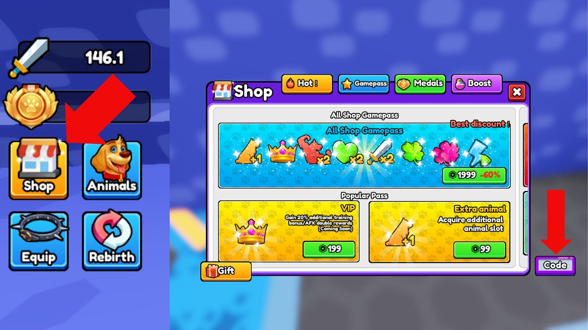 The Shop tab is next to the Animals tab (Image via Roblox)